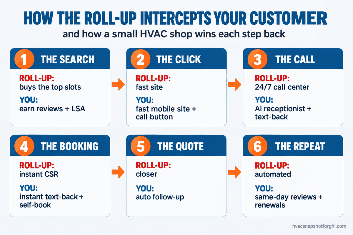 Flow diagram: how a private-equity HVAC roll-up intercepts a homeowner across six steps (search, click, call, booking, quote, repeat) and the small-shop counter-move for each
