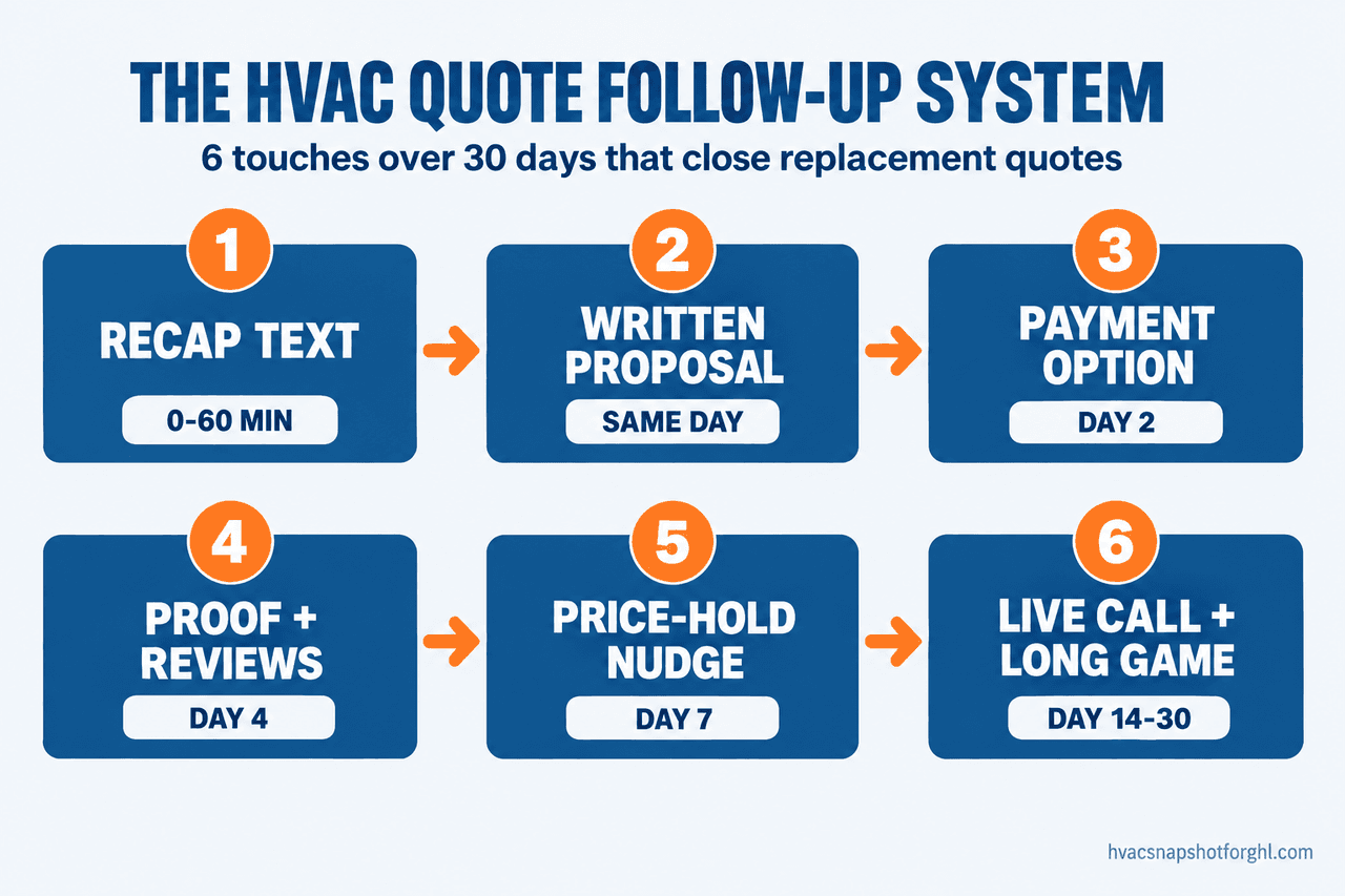 Process flow diagram of the HVAC quote follow-up system - six numbered touches over 30 days: recap text at 0-60 minutes, written proposal same day, payment option on day 2, proof and reviews on day 4, price-hold nudge on day 7, and live call plus long game on days 14 to 30