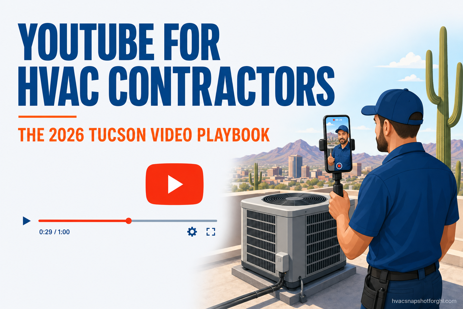 Title card reading YouTube for HVAC Contractors: The 2026 Tucson Video Playbook, showing an HVAC technician filming a short vertical video next to a rooftop condenser under a Tucson desert sky.